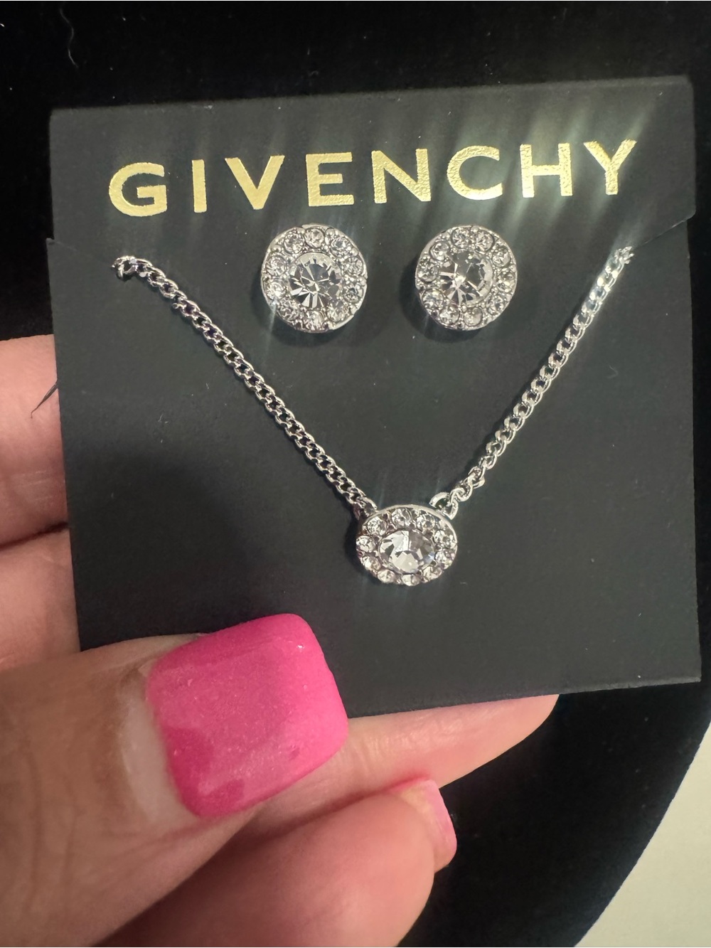 New Givenchy Silver Crystal Pendant Necklace with Matching Studs